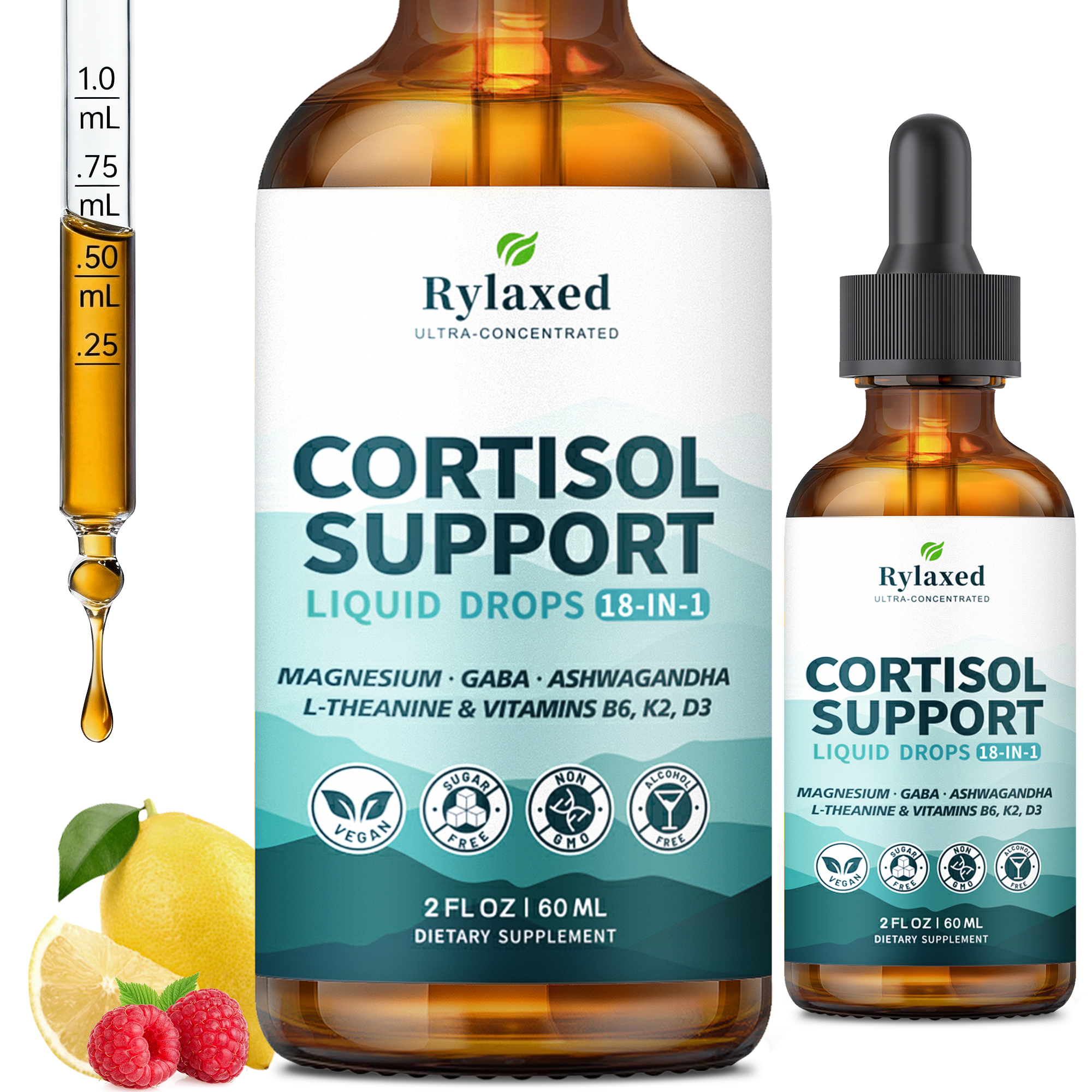 Cortisol Support Drops 18 in 1 – Stress & Sleep – Magnesium, Ashwagandha, GABA – 60mL