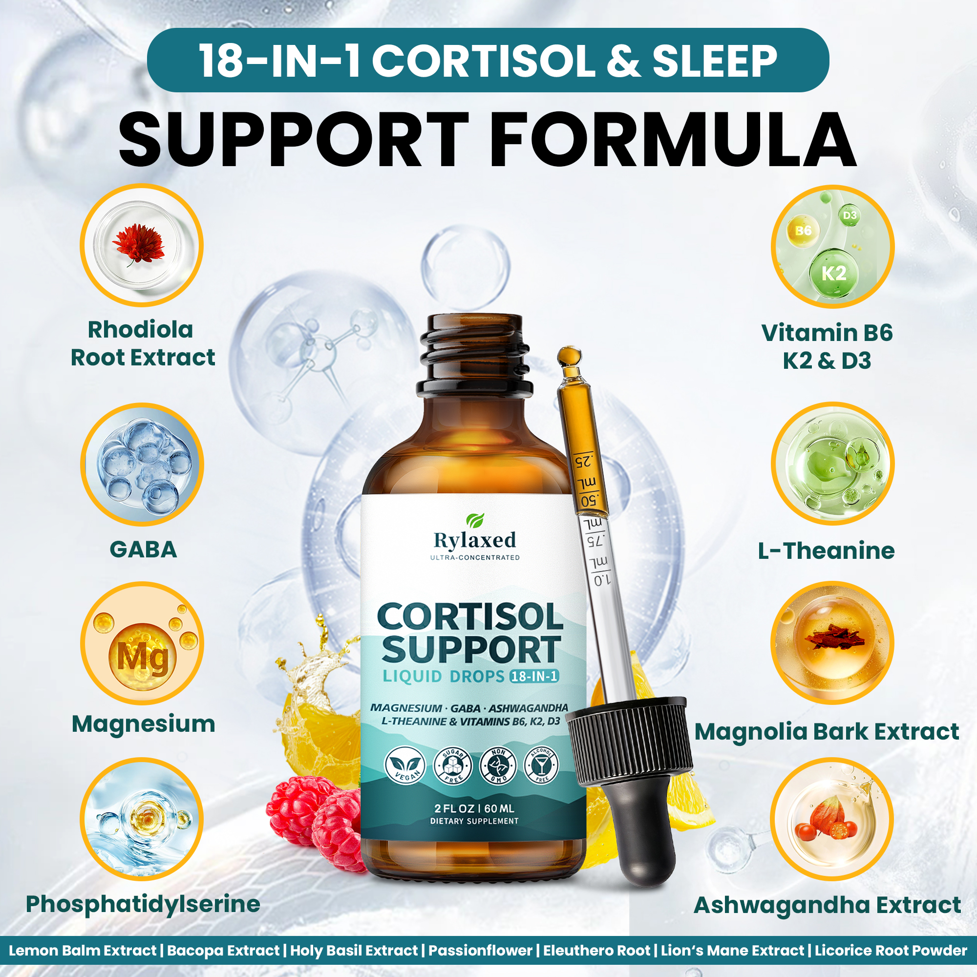 Cortisol Support Drops 18 in 1 – Stress & Sleep – Magnesium, Ashwagandha, GABA – 60mL - Image 6